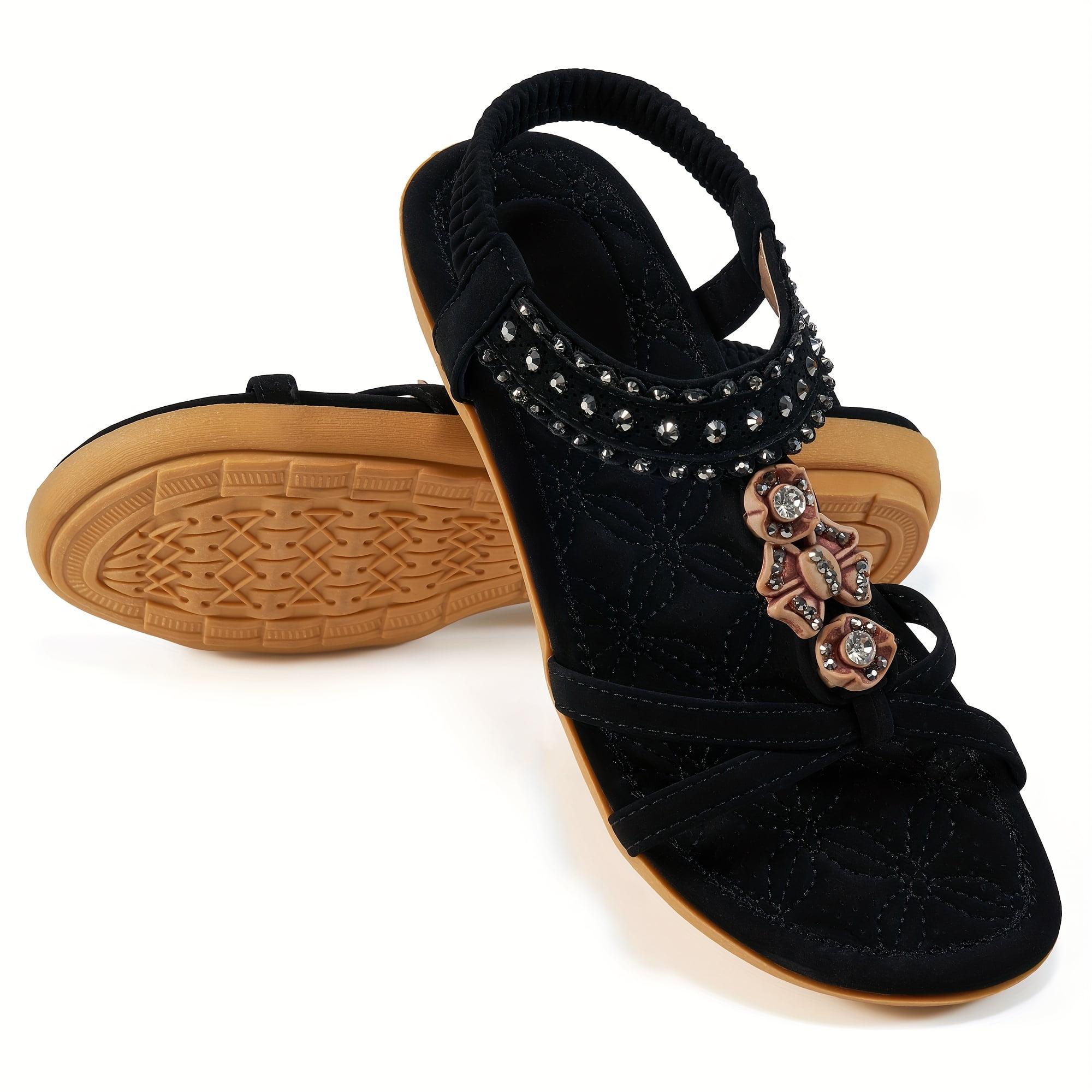 LizFoYa Women's Floral Flat Sandals With Rhinestone Straps - Open Toe Slingback Beach Sandals For Summer - View #5