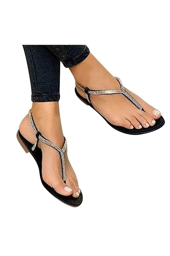 Women's Rhinestone Flat Sandals Fashion T-Strap Thong Flip Flops with Ankle Strap Summer Casual Sandal