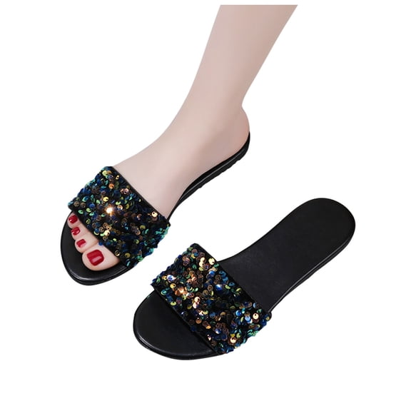Women's Rhinestone Flat Sandals Glitter Bling Casual Sandal Open Toe Sparkle Slides Comfy Lightweight Beach Vacation Slip on Slippers
