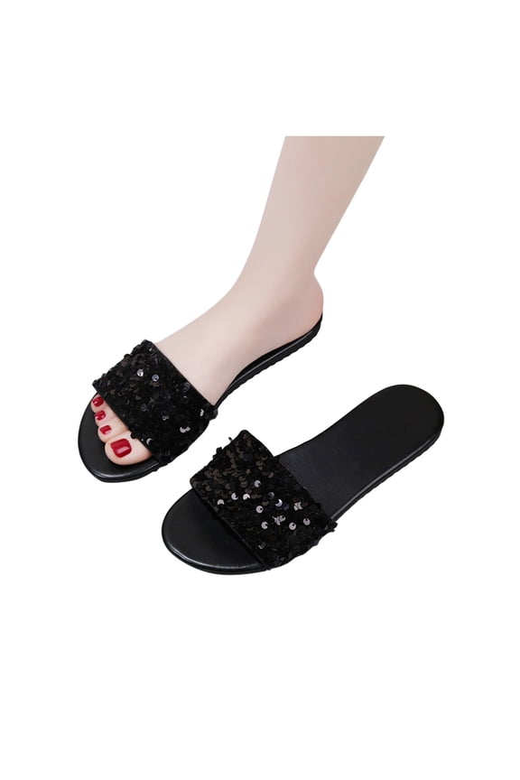 Women's Rhinestone Flat Sandals Glitter Bling Casual Sandal Open Toe Sparkle Slides Comfy Lightweight Beach Vacation Slip on Slippers