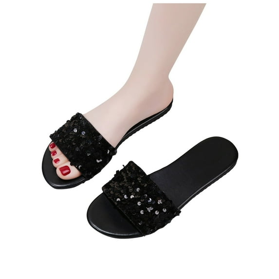 Women's Rhinestone Flat Sandals Glitter Bling Casual Sandal Open Toe Sparkle Slides Comfy Lightweight Beach Vacation Slip on Slippers