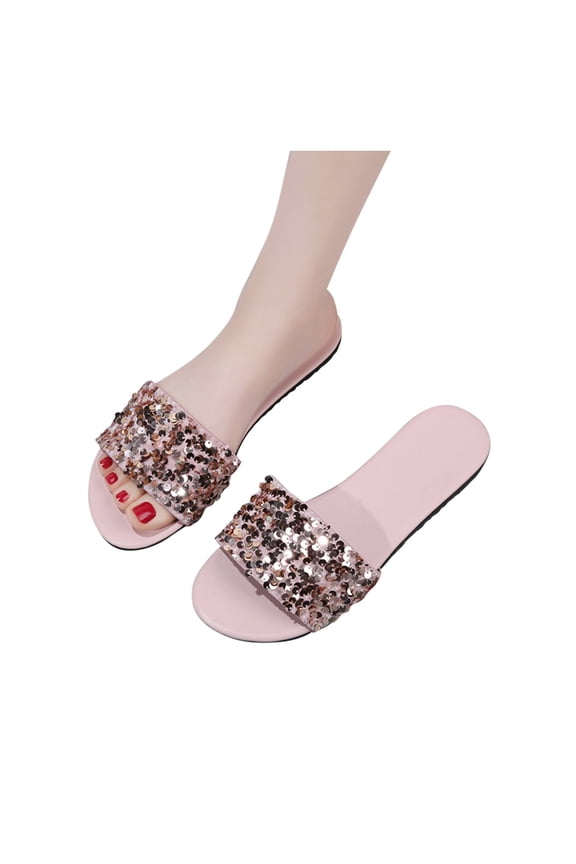 Women's Rhinestone Flat Sandals Glitter Bling Casual Sandal Open Toe Sparkle Slides Comfy Lightweight Beach Vacation Slip on Slippers