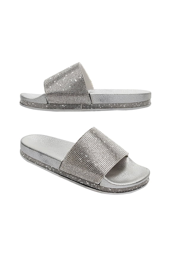 Women's Rhinestone Flat Slide Sandals Open Toe Casual Summer Footwear Silver 39
