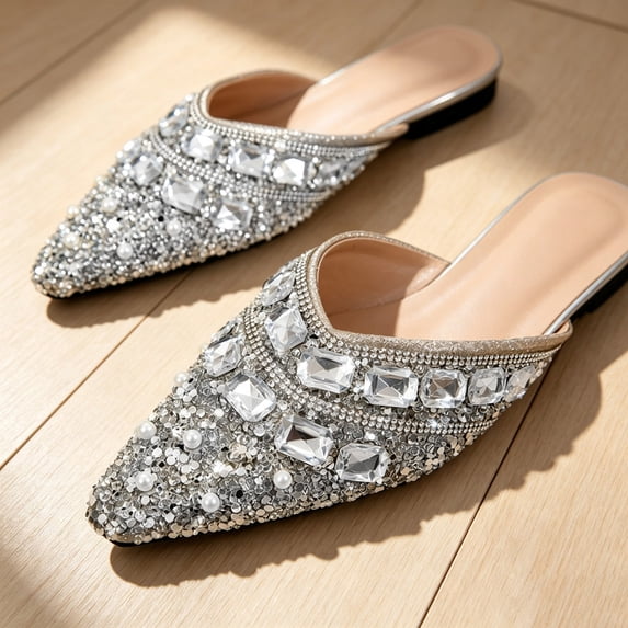 Toe Rhinestone Women's Rhinestone Flats Fashion Pointed Toe Pearl Diamond Low Heel ...