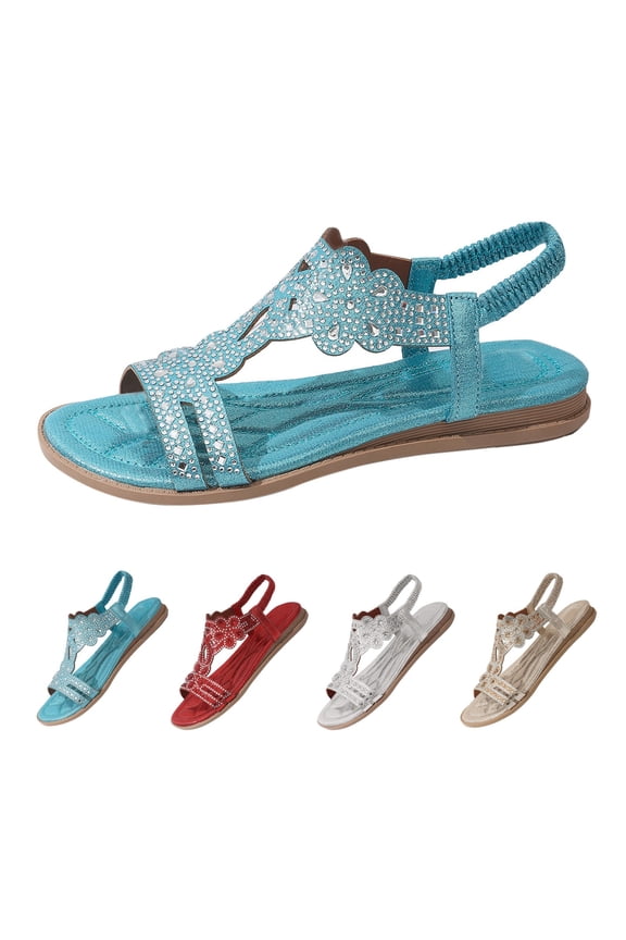 Women's Rhinestone Floral Flat Sandals - Open toe Elastic Back Strap, Non-Slip Boho Dress Sandals Plus Size Available Blue 36
