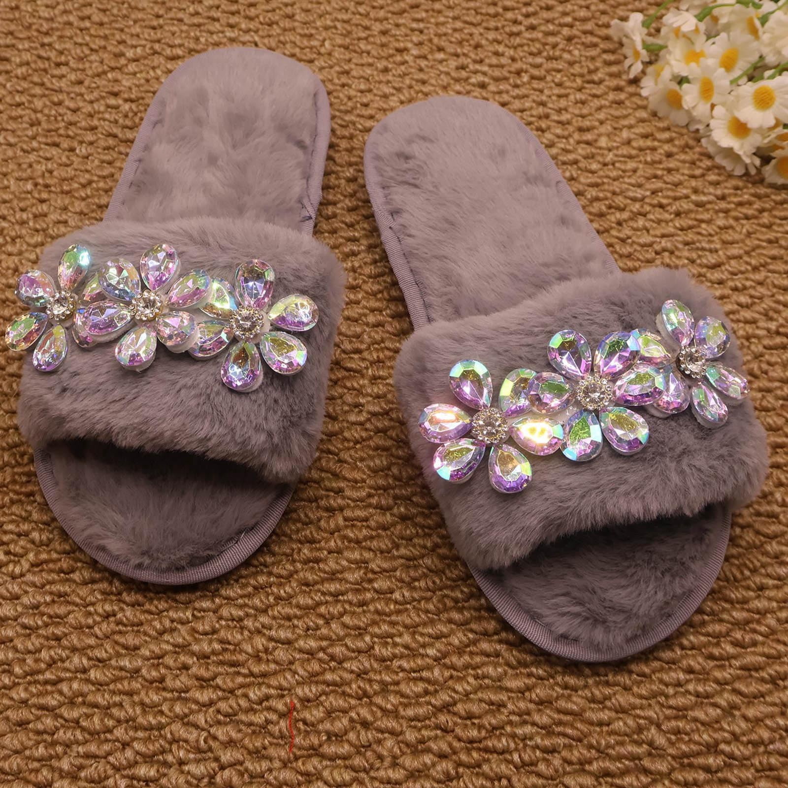 Crystal Toe Women's Rhinestone Flower Fuzzy Slide Slippers, Bling Crystal Decor ...