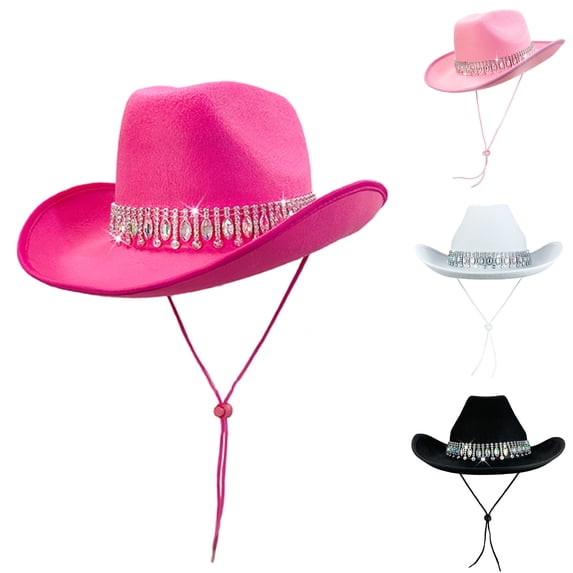 Women's Rhinestone Fringe Cowboy Hat, Wide Brim Felt Western Cowgirl Hat with Adjustable Chin Strap for Party Costume Holiday Pink One Size