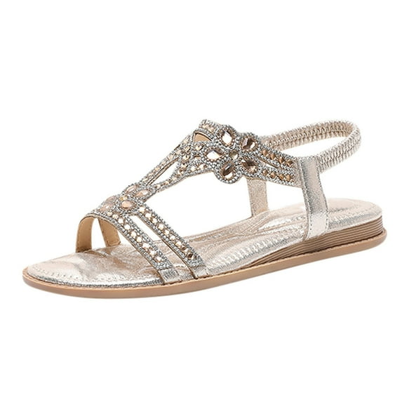 Women's Rhinestone Gladiator Sandals Summer Flat Ankle Strap Boho Casual Arch Support