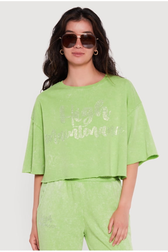 Women's Rhinestone Graphic Raw Hem Short Sleeve Sweatshirt