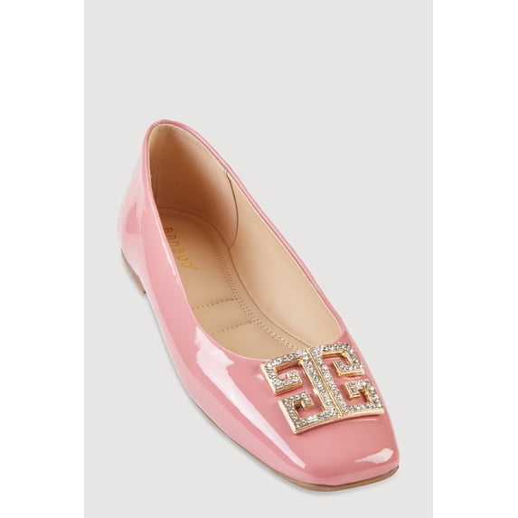 Women's Rhinestone Greek Key Pendant Faux Leather Flats