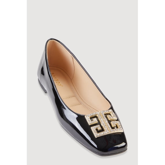 Women's Rhinestone Greek Key Pendant Faux Leather Flats