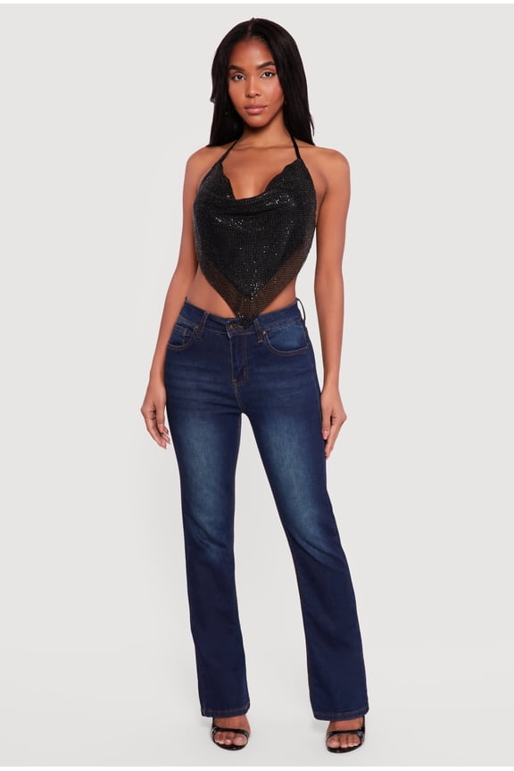 Women's Rhinestone Hanky Hem Open Back Halter Top