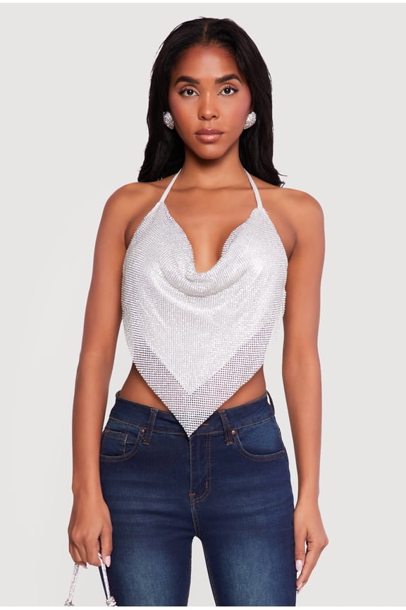 Women's Rhinestone Hanky Hem Open Back Halter Top