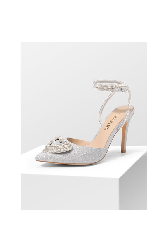 Women's Rhinestone Heart Stiletto Heels Satin Evening Pumps with Buckle Strap