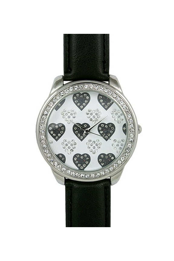 Women's Rhinestone Heart Watch - Fine Faux BlackLeather Band -WT-L80135BK