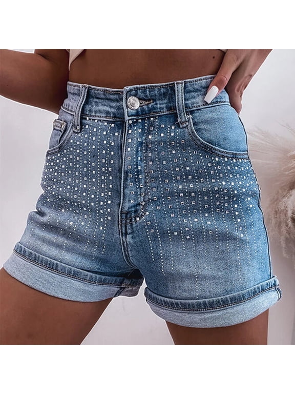 Women's Rhinestone Denim Shorts High Waist Jean Short Y2K Summer Casual Jean Shorts Trendy Y2k Jorts Blue XL