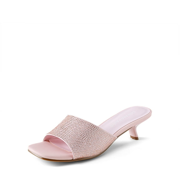 Women's Rhinestone Kitten Heel Slide Sandals Open Toe Slip-On Dress Shoes