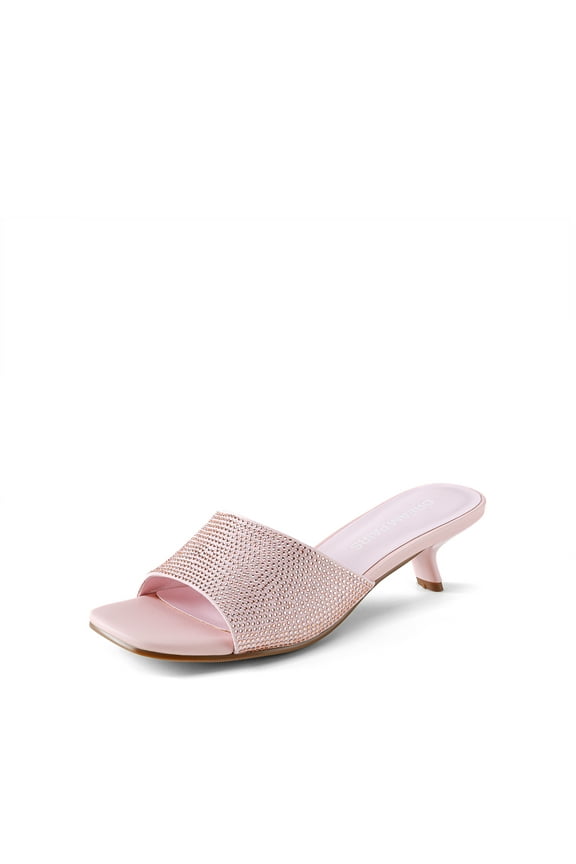 Women's Rhinestone Kitten Heel Slide Sandals Open Toe Slip-On Dress Shoes