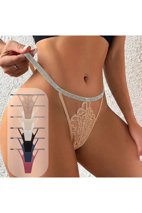 Women's Rhinestone Lace Thong with T-Back Design and Sheer Mesh Panels Featuring Low Rise Cut for Date Nights Bedroom Romance White M