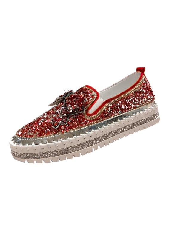 Women's Rhinestone Loafers Slip On Breathable Crystal Wedding Shoes Comfortable Flatform Sneakers Diamond Bowknot Party Shoes Red 42