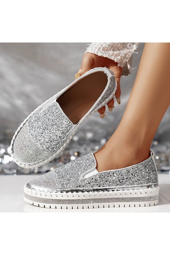Women's Rhinestone Loafers, Sparkly Slip on Platform Flats with Round Toe for Casual, Everyday Wear