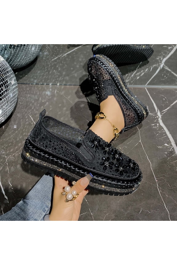 Women's Rhinestone Loafers Summer Breathable Round Toe Slip On Sneakers Flats Casual Comfort Glitter Bling Loafers Walking Wedding Dress Shoes Black 6