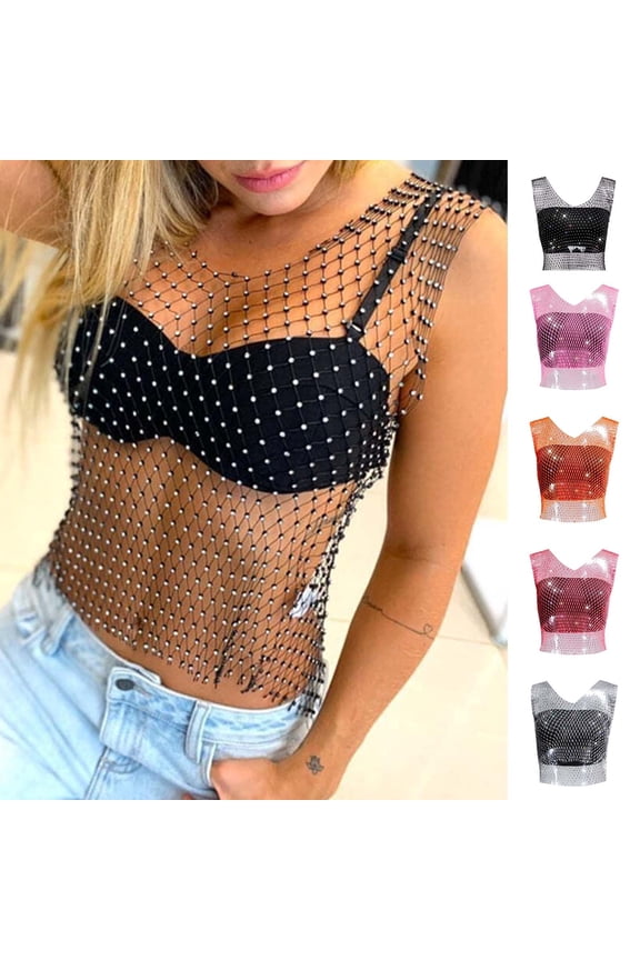 Women's Rhinestone Mesh Crop Tops Sleeveless Sparkly Sheer Diamond Fishnet Shirt Clubwear Outfits Glamorous Jewelry Tank Top