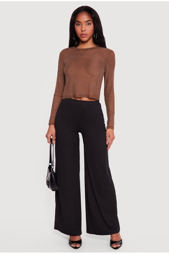 Women's Rhinestone Mesh Long Sleeve Top