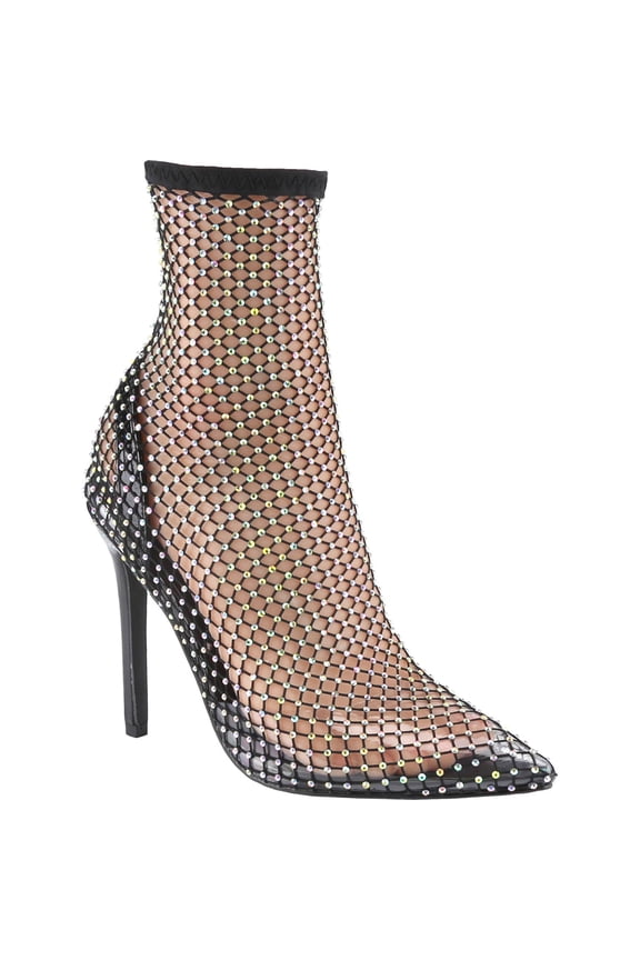 Women's Rhinestone Mesh Pointed Toe Stiletto Heel Ankle Boots Sparkly See-Through Party Booties