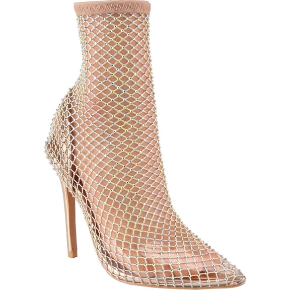 Women's Rhinestone Mesh Pointed Toe Stiletto Heel Ankle Boots Sparkly See-Through Party Booties