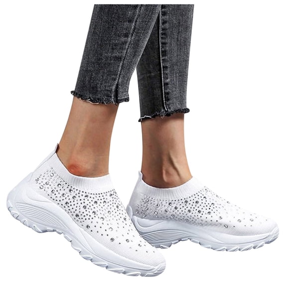 Women's Rhinestone Mesh Slip On Walking Shoes Fashion Breathable Spakly Glitter Casual Non Slip Sock Sneakers