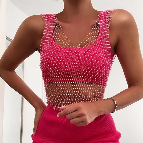 Women’s Rhinestone Mesh Tank Tops See Through Crop Tee Shirt Blouse, M, Pink