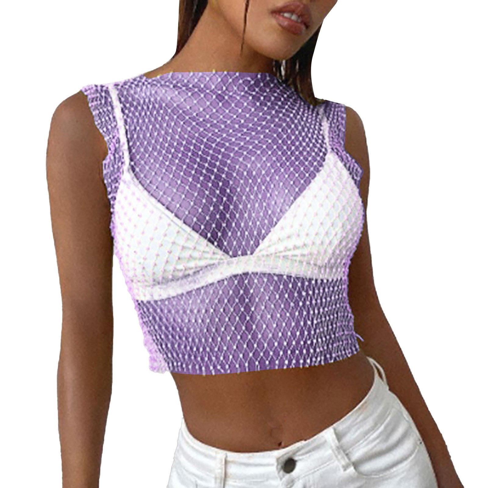 Women's Rhinestone Mesh Tank Tops See Through Diamond Crop Top Dry Tech ...