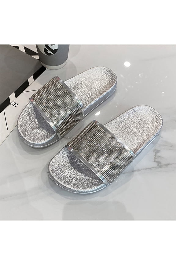Women's Rhinestone One-Strap Slide Sandals Glitter Flat Non-slip Summer Beach Casual Slippers Silver 36