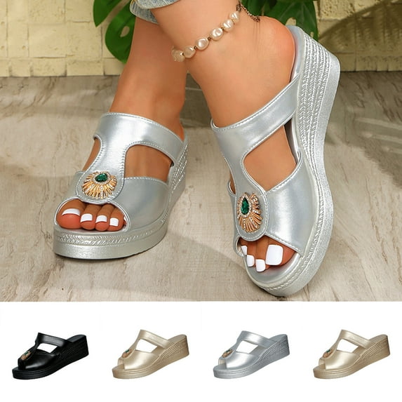 Women's Rhinestone Open Toe Wedge Heeled Mules, Plus Size Comfortable Wedge Heel Shoes for Spring Summer Wear