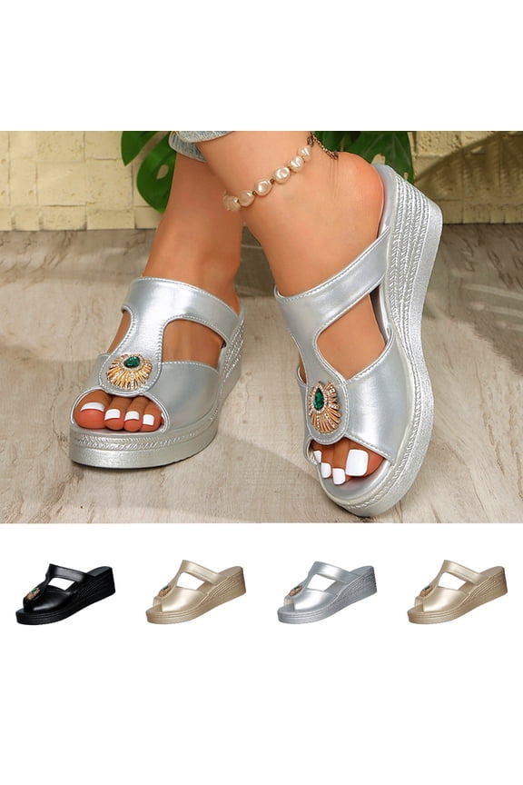 Women's Rhinestone Open Toe Wedge Heeled Mules, Plus Size Comfortable Wedge Heel Shoes for Spring Summer Wear