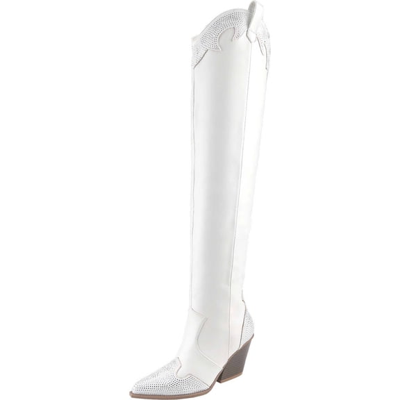 Women's Rhinestone Over The Knee Cowboy Boots Pointed Toe Western Style Chunky Block Heel Tall Boots