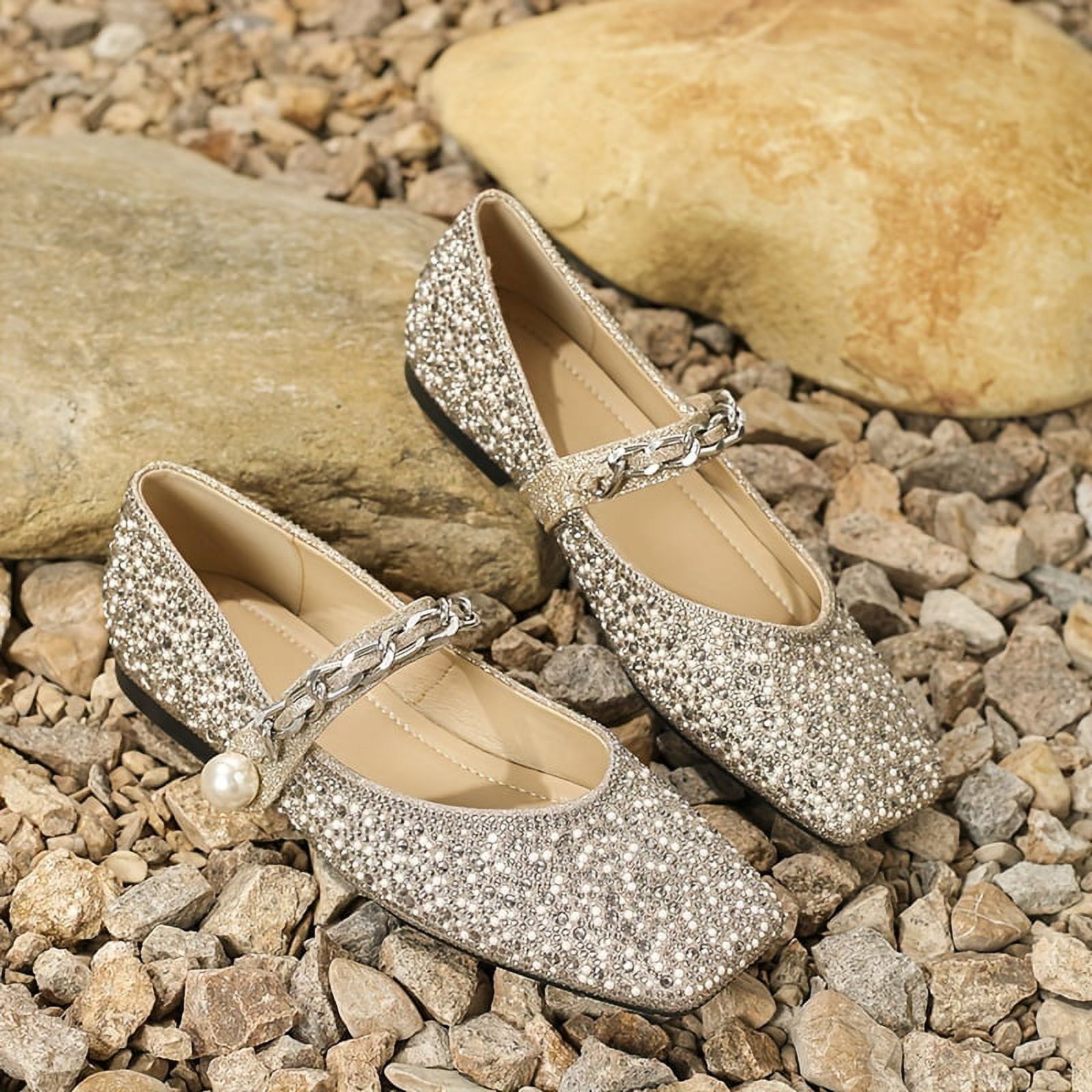 Women's Rhinestone Pattern Ballets, Ankle Chain Decor Strap Flat