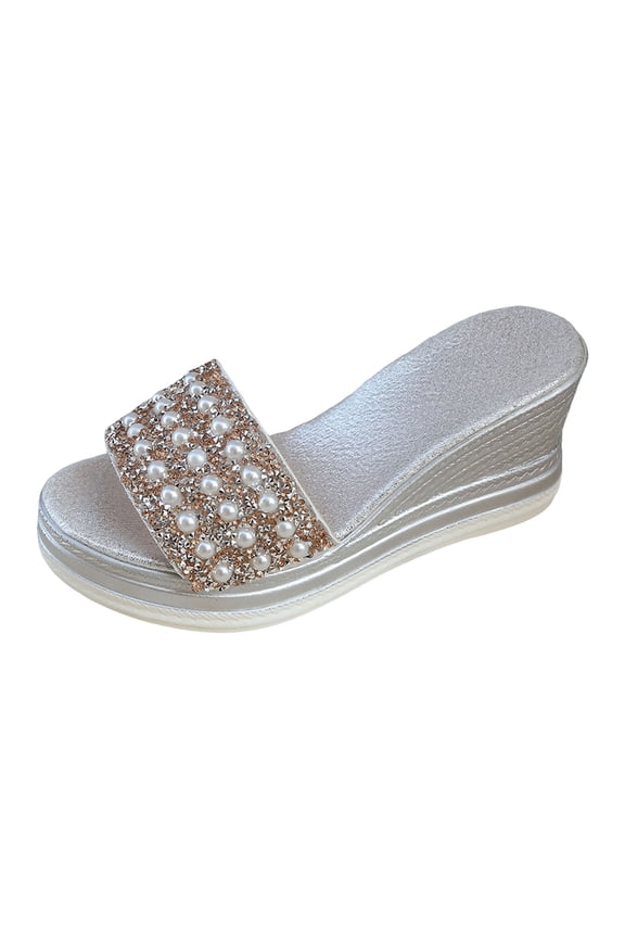 Women's Rhinestone Pearl Wedge Sandals Open Toe Metallic Platfom Sandals Trendy Slip On Slide Dress Shoes Silver Size 8