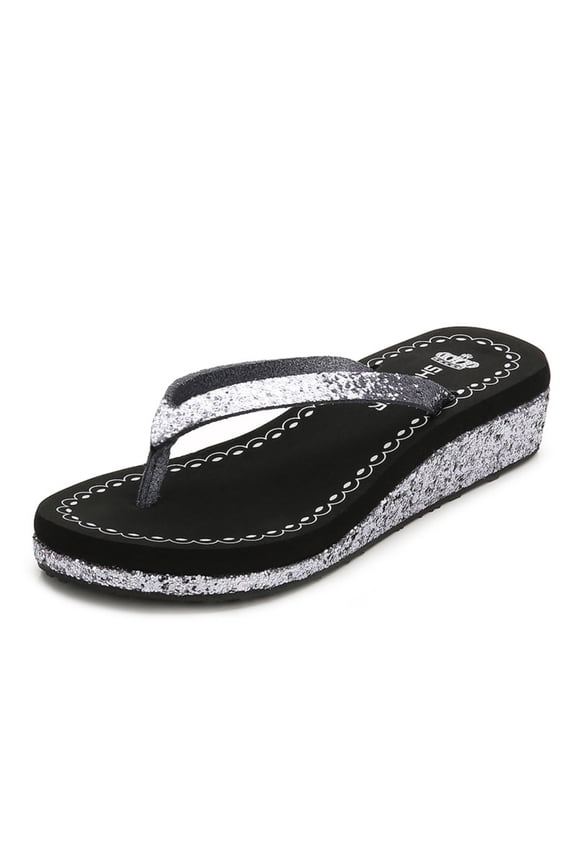 Women’s Rhinestone Platform Flip Flop Sandals, Glitter Wedge Thong Slides