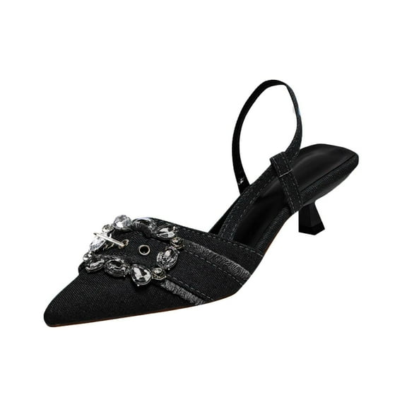 Women's Rhinestone Pointed Toe Denim Kitten Heels,Slip On Slingback Low Heel Mule Pumps Evening Party Wedding Dress Shoes Black Women Sandal