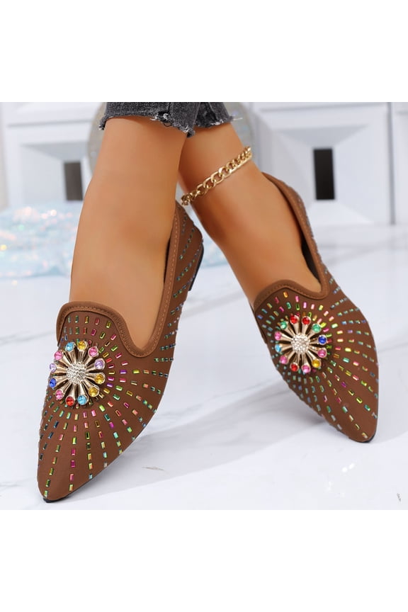 Women's Rhinestone Pointed Toe Flats, Sparkly Jeweled Ballet Shoes with Quilted Insole for Casual, Office, Daily Wear