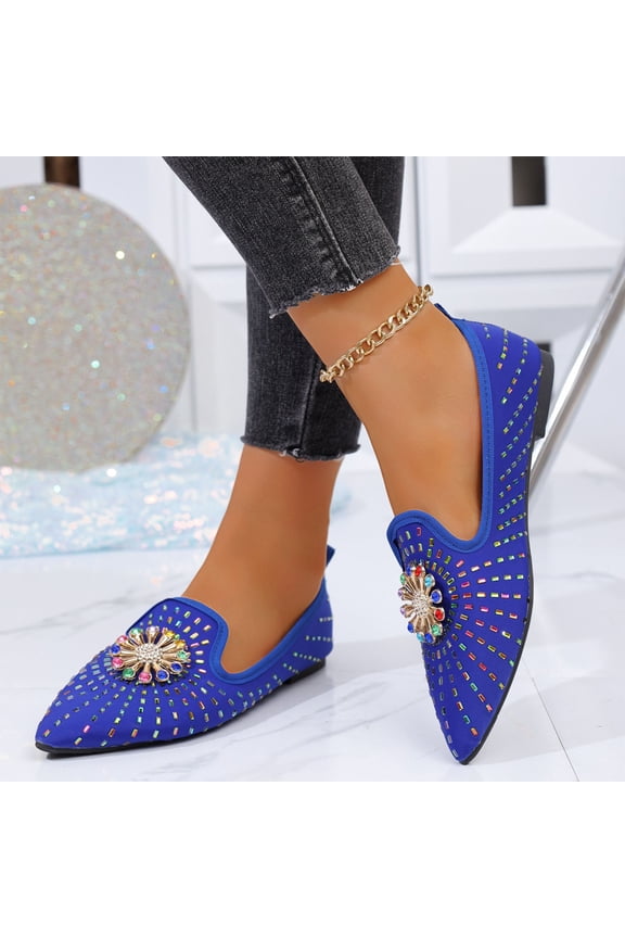 Women's Rhinestone Pointed Toe Flats, Sparkly Jeweled Ballet Shoes with Quilted Insole for Casual, Office, Daily Wear