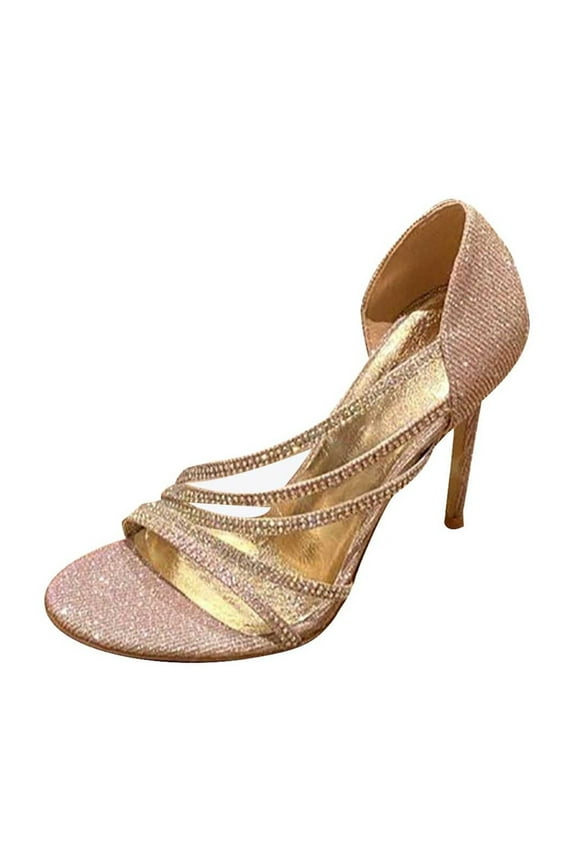 Women's Rhinestone Sandals High Heel Open Toe Strappy Summer Party Dress Shoes Wedding Bridal Shoes Rose Gold 41