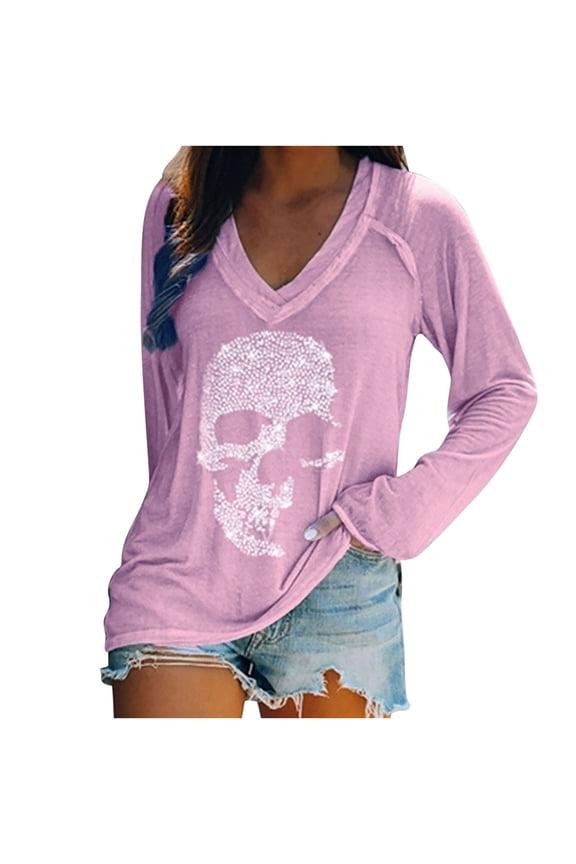 Women's Rhinestone Skull Print Tops Long Sleeve Pullover Sweatshirt Loose Casual Summer Fall V Neck Cotton T-Shirts