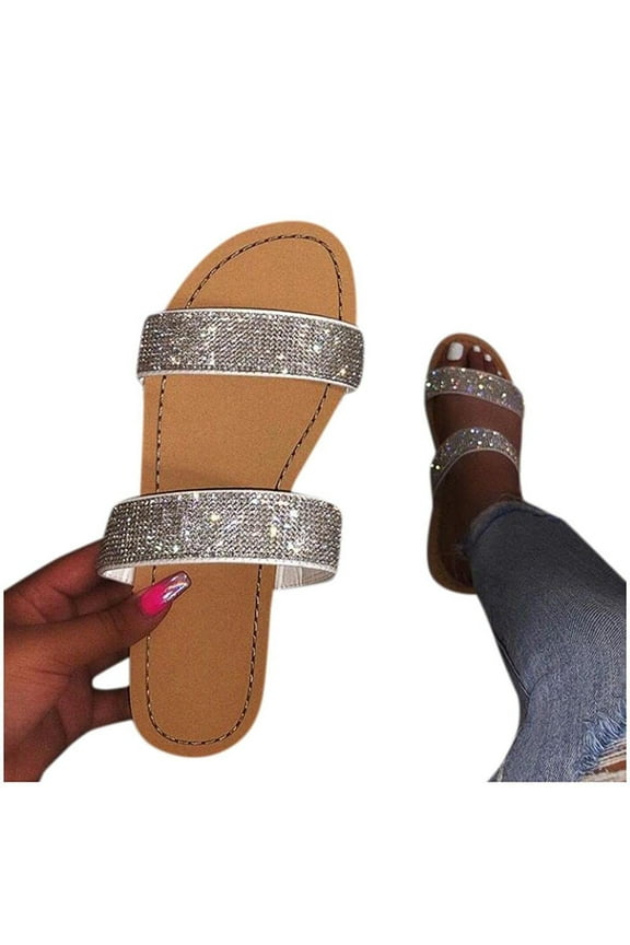 Women's Rhinestone Slide Sandals Open Toe Two Strap Slip On Flat Sandals Casual Summer Boho Beach Oceanside Holiday Outdoor Shoes