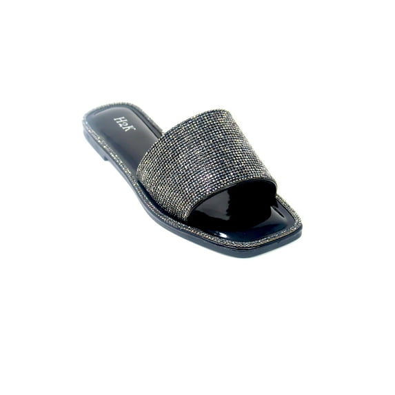 Women's Rhinestone Slip On Flat Slide Sandals, Black 6