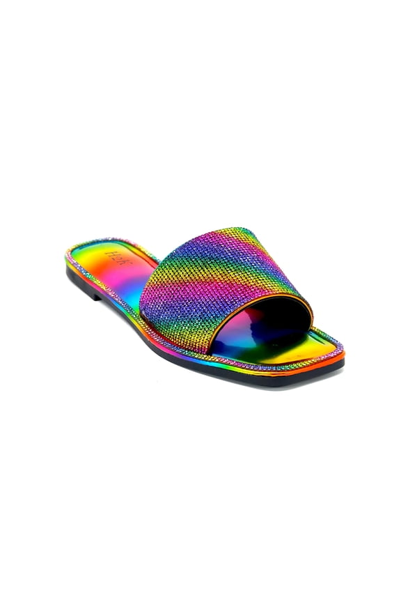 Women's Rhinestone Slip On Flat Slide Sandals, Rainbow 6