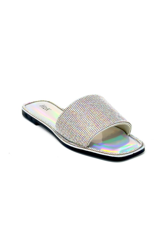 Women's Rhinestone Slip On Flat Slide Sandals, Sliver 10