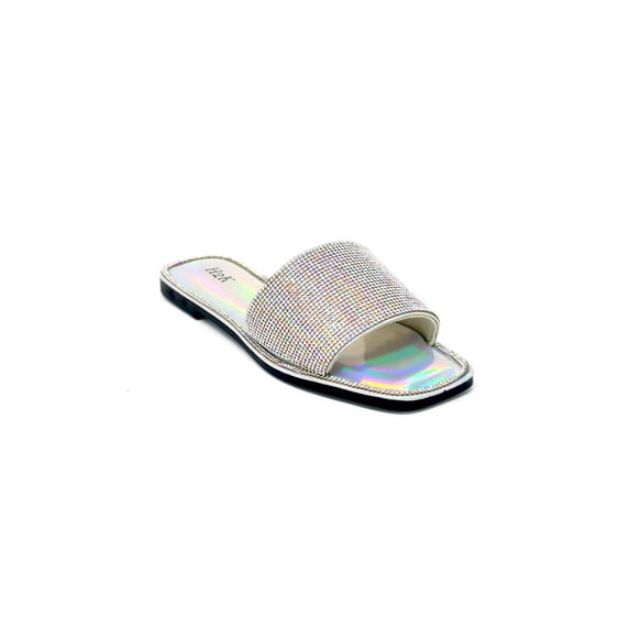 Women's Rhinestone Slip On Flat Slide Sandals, Sliver 6